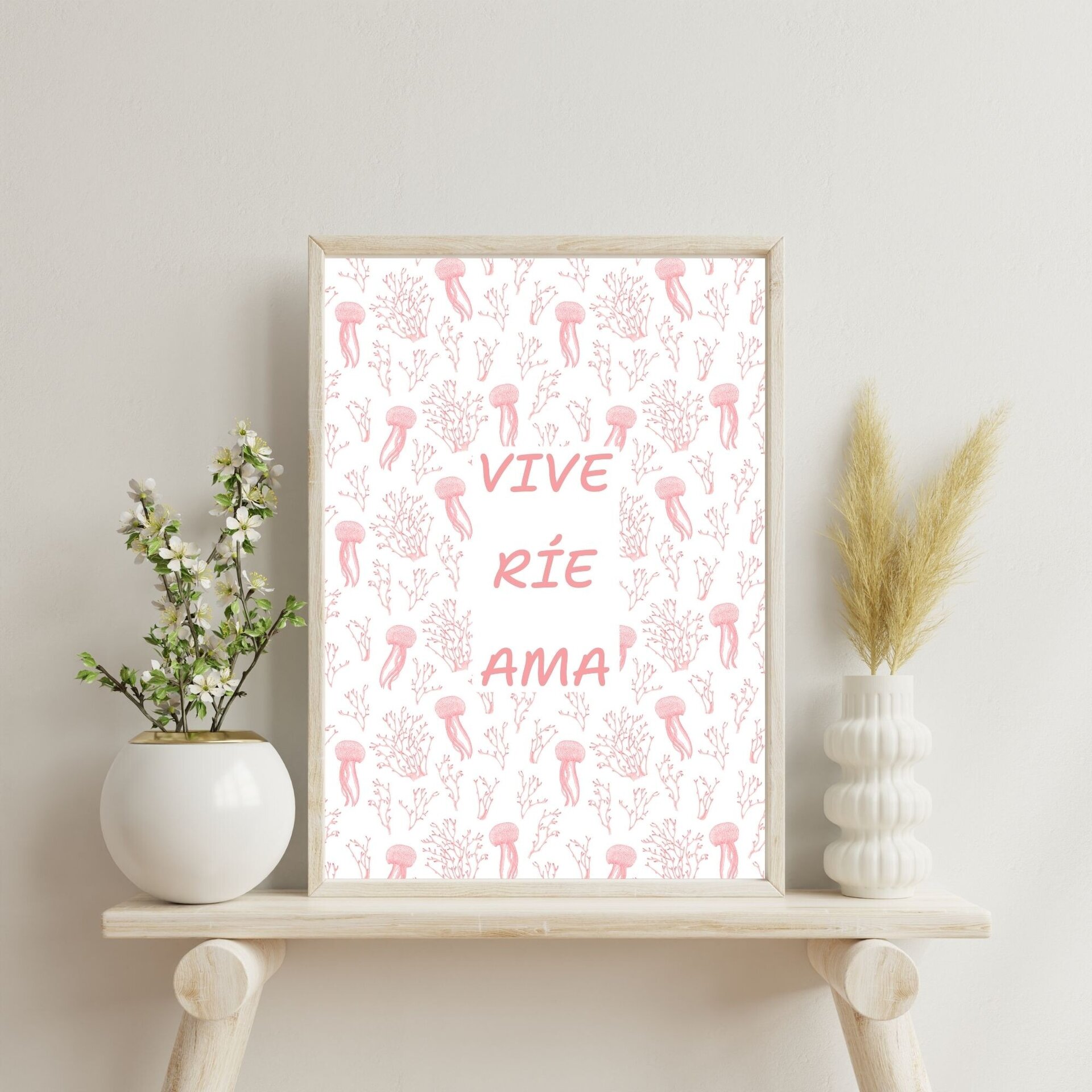 Lámina Personalizable 'Vive, Ríe, Ama' - Arte en Acuarela con Medusas y Coral - 4